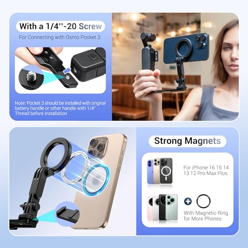 JJC Pocket 4 Magnetic Phone Mount with 1/4" 20 Screw & Thread, Phone Holder for Insta360 X5 X4 X3 / Pocket 4/3 / Xtra Muse Accessories, Compatible with Arca-Swiss Standard, Tripod & Expansion Mount - color: Black -Magnetic Version