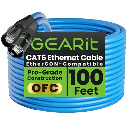GEARit Shielded CAT6 Ethercon Cable (100 Feet) Professional Audio & Lighting RJ45 EtherCON-Compatible Cable for Studio, Stage, Concerts - 100ft Blue - color: Blue, size: 100 Feet