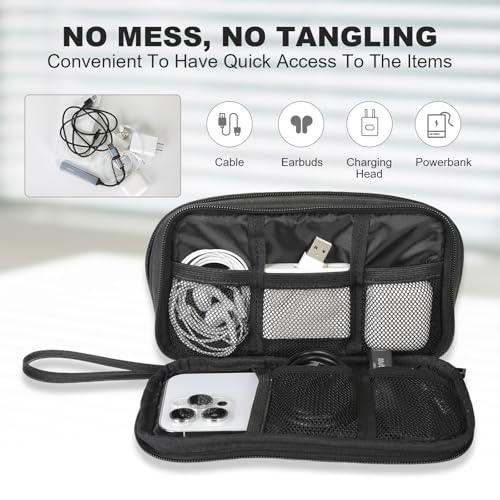 Travel Cable Organizer Bag, Electronic Accessories Carry Pouch, Portable Waterproof Double Layers All-in-One Storage Bag for Cord, Charger, Phone, Earphone (Black, Small)