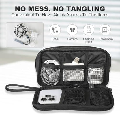 Travel Cable Organizer Bag, Electronic Accessories Carry Pouch, Portable Waterproof Double Layers All-in-One Storage Bag for Cord, Charger, Phone, Earphone (Black, Small)