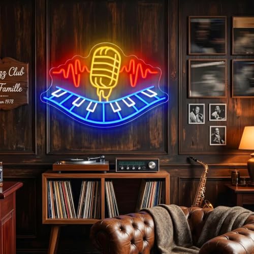 Jazz Microphone Piano Neon Sign, Dimmable LED Wall Art for Music Studio, Jazz Bar Speakeasy Decor, Gift for Singer & Musician - color: Jazz Microphone & Piano