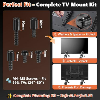 132Pcs Universal TV Mounting Hardware Screws Kit Set M4-M8 | Black Screws, Washers & Spacers, VESA Mount Replacement Screws, Fits Most TVs/Monitors up to 80",Organized Storage Case - color: Black
