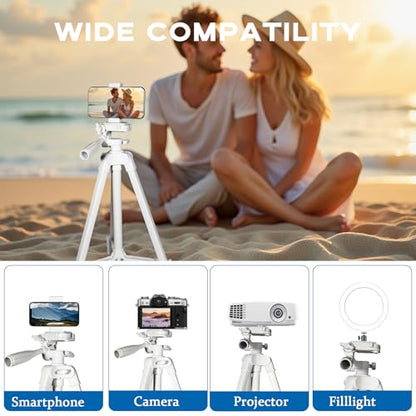 White Lightweight Tripod - 17" to 57" Adjustable Height with 360° Pan Head, Universal 1/4" Screw for Smartphone/DSLR/Camera/Projector - Ideal for Vlogging/Photography/Travel/Live Streaming