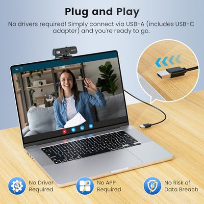 4K Webcam for PC & Mac with USB-C Adapter, 90° Wide-Angle Computer Camera with Microphone, Auto Light Correction, 360° Rotating Plug-and-Play Webcam for Zoom and Teams