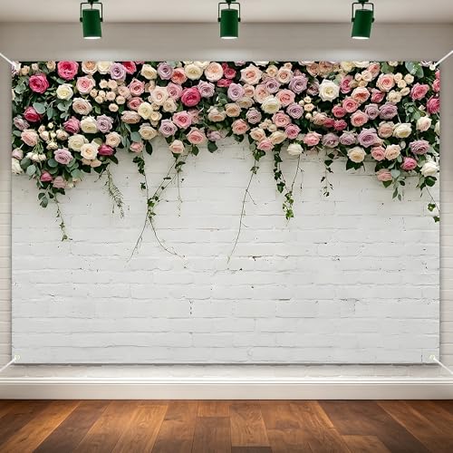 7x5ft White Brick Floral Backdrop for Photoshoot, Non-Reflective Polyester Flower Wall Backdrop, Spring Garden Hanging Flowers Photography Background for Mother's Day, Bridal Shower, Baby Shower - color: Brick&Flower backdrop, size: 7x5ft