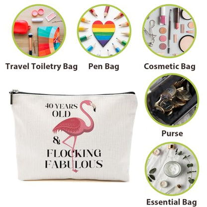 40th Birthday Gifts Women, 40th Birthday Gift Ideas, Flamingo Gifts Funny Makeup Bag, 40 Year Old Birthday Gifts for Women Mom Aunt, Turning 40 Cosmetic Bag, Flamingo Lover Gifts Toiletry Bag - color: 40 Years Old