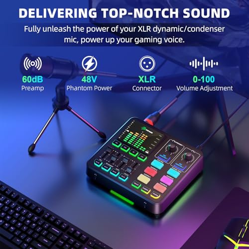 PUPGSIS Gaming Audio Mixer, Audio Interface for PC/Podcast/Streaming, Sound Board with 3.5mm/XLR Mic Input, 48V Phantom Power, Voice Changer, Live Sound Card with DJ Mixer Effects/Bluetooth/4 Channel - color: Black