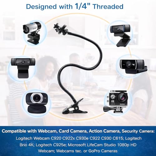Universal 25 Inch Webcam Stand, Flexible Desk Mount Clamp Gooseneck Stand for Webcam, Camera, Microphone with 1/4" Tread
