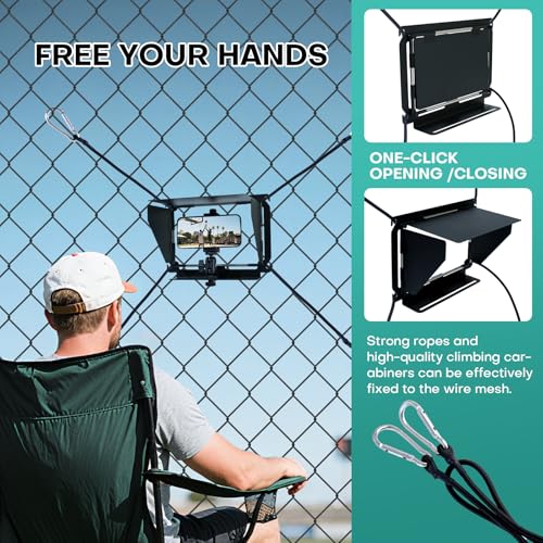 Baseball Fence Phone Mount, 3-Sided Anti-Glare Sunshade, Clear Game Footage in Bright Sunlight, Quick Setup, Durable Metal Frame, Fits iPhone, GoPro, Mevo Start