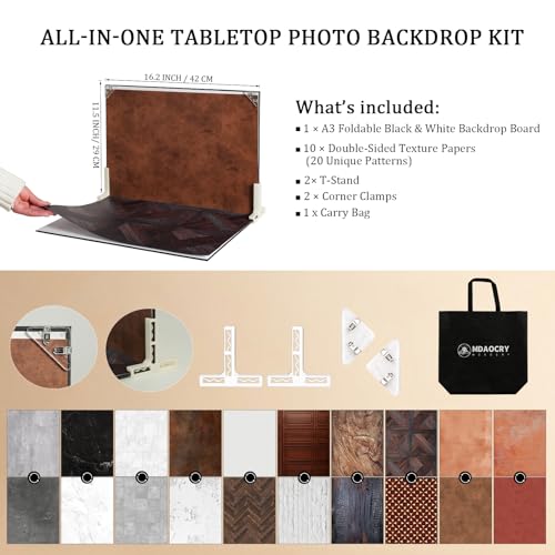 Photo Backdrop Boards, 10Pcs 20 Patterns Double-Sided Product Photography Backdrops, Flat Lay Background for Food, Jewelry, Cosmetics & Content Creation, Tabletop Shooting Kit, MDAOCRY