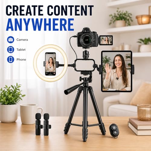 Acuvar Vlogging Kit with Ring Light Tripod – Content Creator Kit for iPhone, Android & Tablets, Microphone, Remote, YouTube & TikTok Starter Kit for Influencers