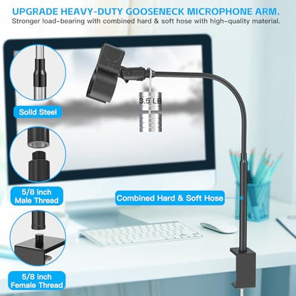 ZealSound Microphone Stand 19inch,Flexible Gooseneck Desktop Mic Stands,Upgraded Microphone Clip Holder for Mics with Outer Diameter 1.03" and 2.59",3/8" to 5/8" Screw Adapter for Blue Yeti and More