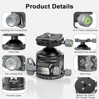 Tripod Ball Head with Knob Clamp 55mm Heavy Duty Ball Head with Mlok Rail Arca Swiss Quick Release Plate, WEYLLAN KH55 Low Profile Camera Tripod Head Mount for Hunting Photography Max Load 88lbs/40kg