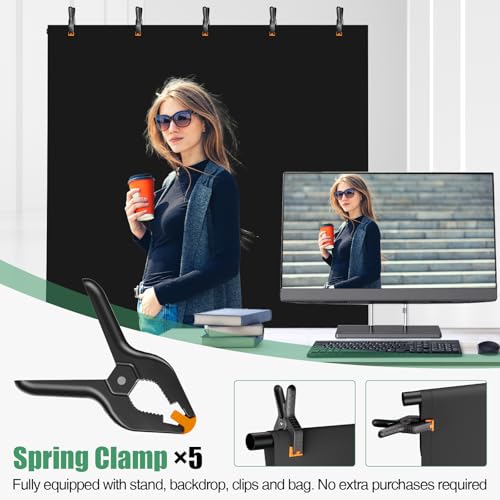 Black Backdrop Kit, 5×7ft Portable Black Photo Background with Adjustable T-Shaped Stand, 5 Clamps, Carrying Bag for Parties, Streaming, Photography, Zoom, Gaming, Video Studio - color: black