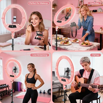 22" Large Ring Light with Stand,Foldable LED Big Ring Light Tripod for iPhone Phone Ipad, 75" Tall Tripod Touch Screen,Wireless Remote for Live Stream,YouTube,TikTok Video Shooting Pink - color: Pink