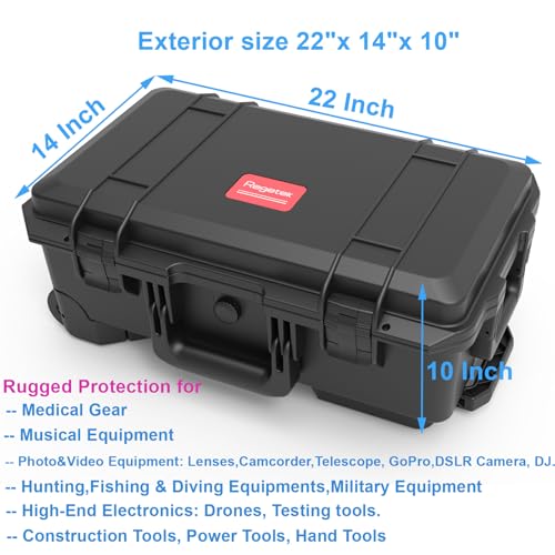 Regetek Waterproof Travel Camera Hard Case with Padded Divider, 22 x 14 x 10 Inch, Rolling Case for Camera, Gear, Equipment, Dustproof, Shockproof,Airline Carry-On Approved, Inner 19.8"x 10.9" x 6.8"