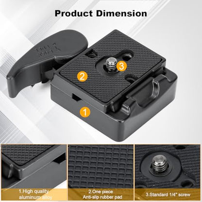 koolehaoda Quick Release Plate Adapter 1/4" 3/8" Screw Tripod Monopod | Aluminum Camera Head Mount Rapid Connect Locking System DSLR SLR Mirrorless Flash Safety Spring Lever Durable Lightweight