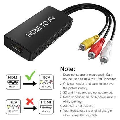 HDMI to RCA Converter, HDMI to AV 3RCA CVBs Composite Video Audio Converter Adapter for Old TV Compatible PAL/NTSC for Roku, Android TV Box, DVD ect - color: black