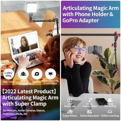 22" Articulating Magic Arm Camera Mount, Desk Clamp Overhead Mount | Anti-deflection lock, anti-slip pads, 0.55lb load, 1/4 3/8 5/8 adapters, aluminum, POV, light, phone, webcam, mic, vlogging