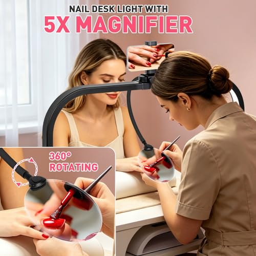 HITTI LED Half Moon Nail Desk Lamp, 30" Foldable Arch Light with 5X Magnifier & Phone Holder for Manicure, Handicraft, Art, Eyelash Extensions - Adjustable Brightness, 3 Color Modes, Home & Salon - color: Black