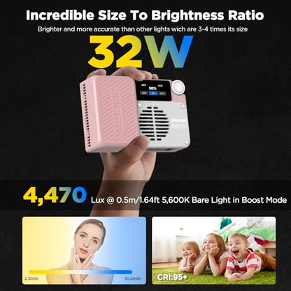 Amaran Ace 25c Pocket RGBWW LED Light, Boost Mode Up to 32W, Full-Color Mini Video Light (2,300-10,000K), 1,171 Lux@1m at 5,600K, 4500mAh Battery with PD Fast Charging for Mobile Creators (Pink) - color: Pink
