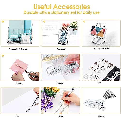 KAAKOW Silver Desk Organizers and Accessories Office Supplies Set Stapler, Pen Holder, Phone Holder, Scissors, Pen, Ruler, 30 Paper Clips, 22 Binder Clip, 20 Tacks and 1000pcs Staples - color: Silver