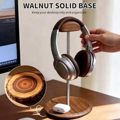 Headset Stand for Desk, Walnut Wood ＆ Stainless Steel Universal Wooden Headphone Holder with Storage Base, Gaming Equipment Accessories, Desk Organizer, Gifts for Gamers Men Boyfriend