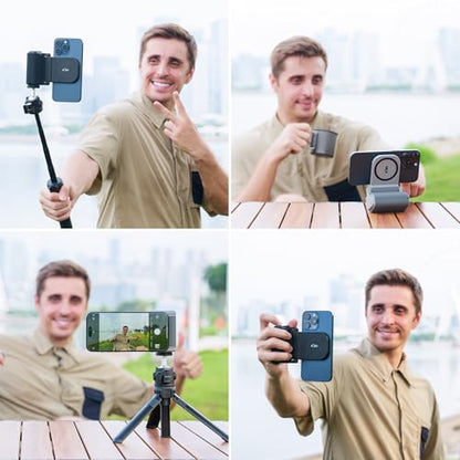 Phone Camera Grip with Remote for MagSafe iPhone 17 16 15 Pro Max | Magnetic snap-on grip, BT remote. 1/4" thread for tripod(NOT Included). for iPhone 17 Pro MagSafe travel Vlog Video Shooting - color: Magsafe Phone Grip-Gray
