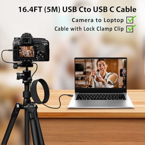 Jelanry Camera Tether Cable USB C to USB C Dual Straight Head, for Power Delivery, 5Gbps Data Transfer, Charging Between Camera & Computer+Tethering Cable Lock Clamp for Sony Canon Nikon, 16.4 feet/5m - size: Dual Straight