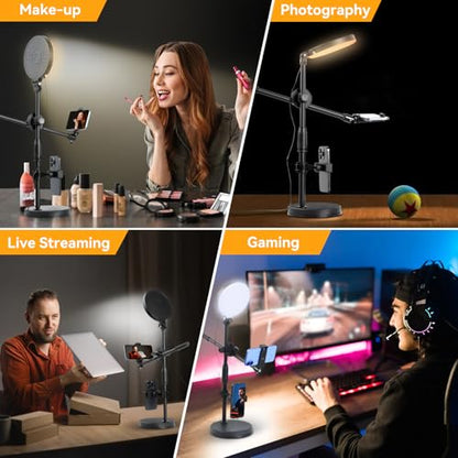 UTEBIT 6 Inch Overhead Ring Light with Stand for Desk, Include Tripod Head | Adjustable Full-Screen LED Lighting With Clamp, Black Zoom Lamp with 3 Color Temperature Modes for Meetings, Live Stream