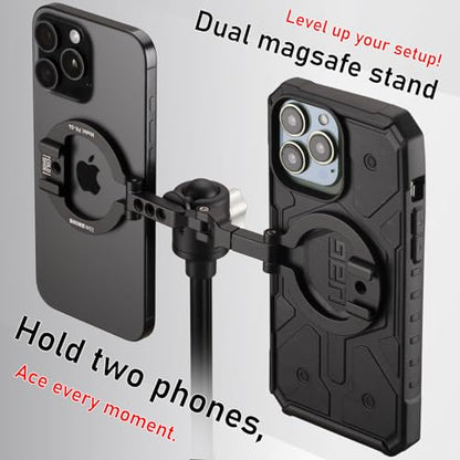 Double Sided Magnetic MagSafe Phone Holder | 360° Adjustable Phone Stand with Cold Shoe & 1/4 Thread Screw, Metal-Attachable Mount for iPhone MagSafe Series, Ideal for Vlog, Selfie & Live Broadcast