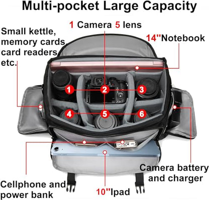 CADeN Camera Bag Case Shoulder Messenger Bag with Tripod Holder Compatible for Nikon, Canon, Sony, DSLR SLR Mirrorless Cameras Waterproof (Black, Large) - size: Large