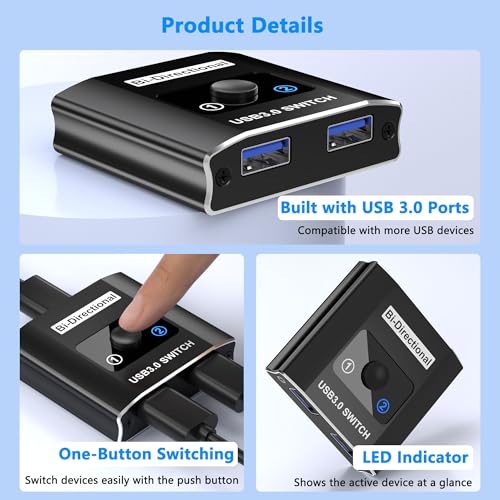 USB 3.0 Switch, Bi-Directional USB Switcher USB Splitter 1 in 2 Out/2 in 1 Out with 2 USB3.0 Cables, Aluminum USB Switcher 2 Computers Share Keyboard Mouse Printer, USB Splitter for Laptop