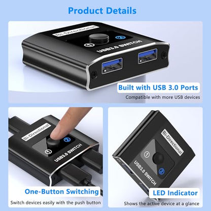 USB 3.0 Switch, Bi-Directional USB Switcher USB Splitter 1 in 2 Out/2 in 1 Out with 2 USB3.0 Cables, Aluminum USB Switcher 2 Computers Share Keyboard Mouse Printer, USB Splitter for Laptop