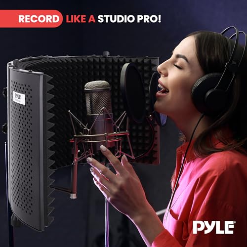 Pyle Microphone Isolation Shield with Soundproof Foam, Portable Vocal Recording Booth for Studio & Podcast, Adjustable Folding Acoustic Panels, Shock Mount, 5/8'' Mic Thread, Easy Setup