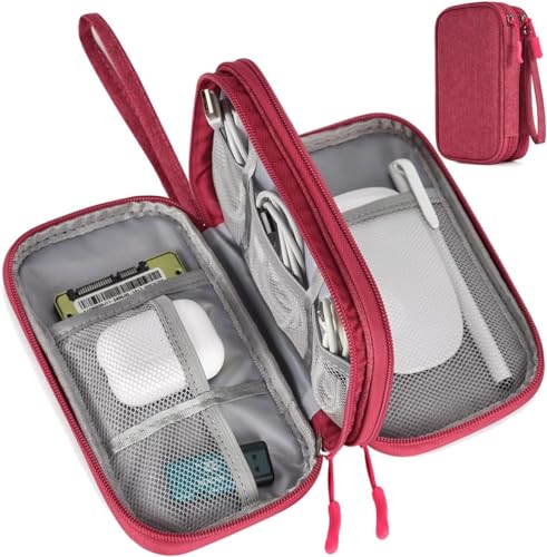 CAOODKDK Electronic Organizer Travel Cable Accessories Bag, Electronic Organizer Case, Waterproof Electronic Accessories Organizer Bag for Power Bank, Charging Cords, USB Cable (Rose Red) - color: Double Layer - Rose Red