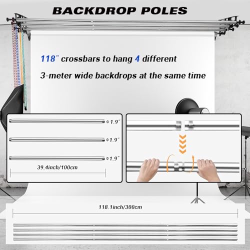 MagicLine Photography Backdrop 4 Roller Support System, 118 inch Stainless Steel Crossbars Manual Backdrop Stand,Wall/Ceiling/Light Stand Mount Background Holder for Home & Studio(Stability)