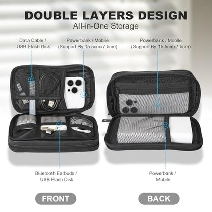 Travel Cable Organizer Bag, Electronic Accessories Carry Pouch, Portable Waterproof Double Layers All-in-One Storage Bag for Cord, Charger, Phone, Earphone (Black, Small)
