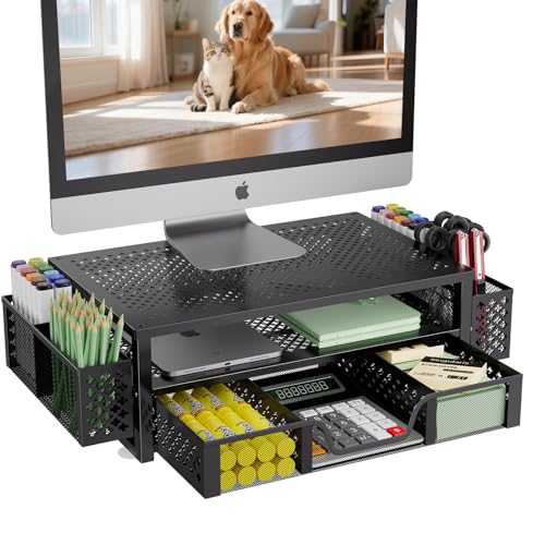 Simple Trending Desk Organizer and Accessories, 2 Tier Computer Metal Monitor Stand Riser with Drawer and Pen Holder for Laptop, Computer, iMac, Black - color: Black, size: 16"W x 10"D x 6.25"H
