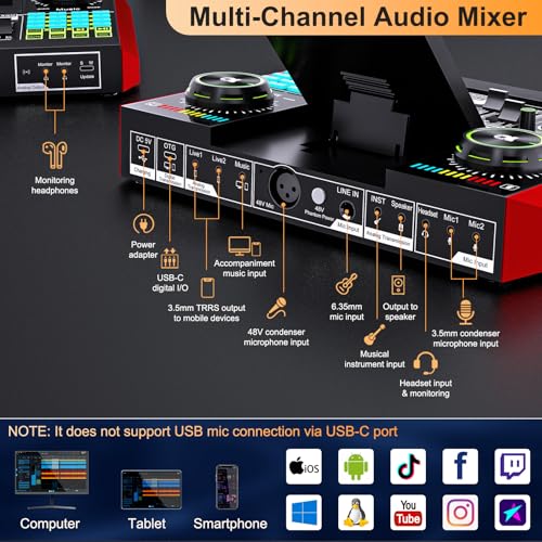 podcast equipment bundle, live sound card, streaming audio mixer, Podcast microphone bundle for PC/mobile live streaming, singing, gaming, soundboard with voice changer and noise reduction function