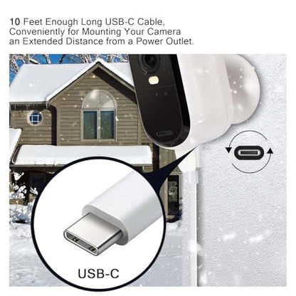 2 Pack 10FT White USB-C Charging Cable for Arlo Essential 2K, Alro Essential 2nd Generation, Blink Outdoor4 4th Generation, Petcube Cam 360 - Surveillance Camera Charger Charging Cord