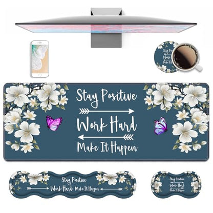 4 in 1 Ergonomic Keyboard Wrist Rest & Mouse Pad Wrist Rest Set,Stay Positive Work Hard and Make It Happen Inspirational Quote Large XXL Gaming Desk Mat with Non-Slip Base for Home Office Study Gaming - color: Stay Positive Work Hard and Make It Happen