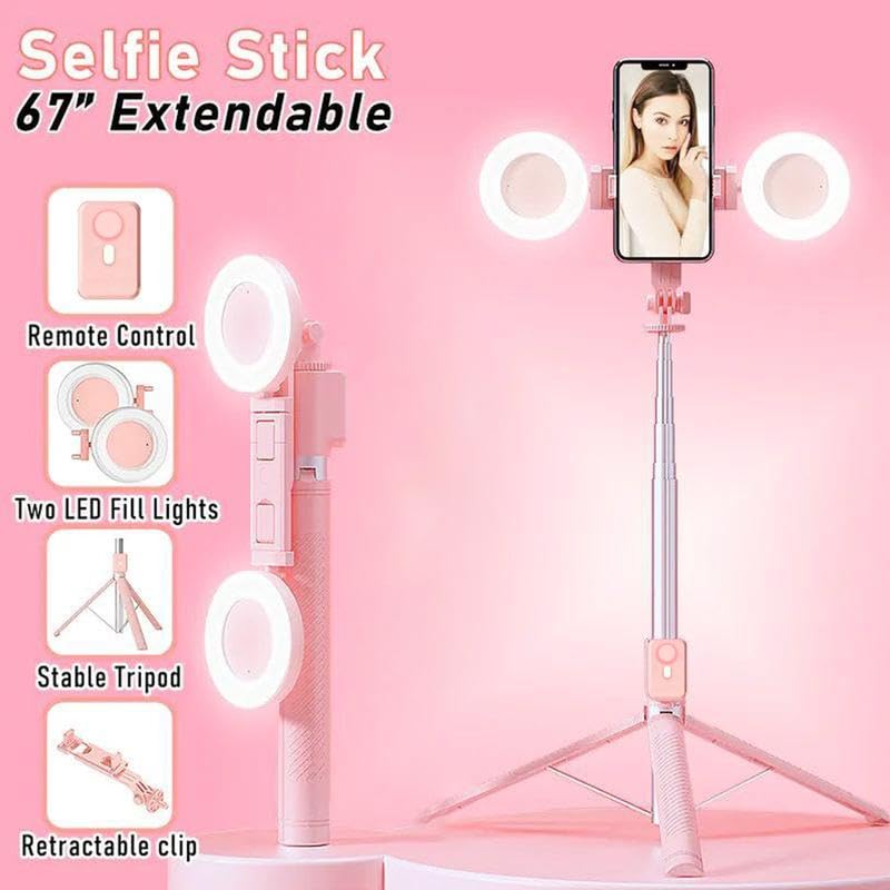Selfie Stick Tripod with Light and Bluetooth Remote, 67" Extendable Mini Tripod Stand for iPhone Samsung Android, 6 in 1 Wireless Selfie Stick for TikTok YouTube Live Streaming(Pink) - color: Pink