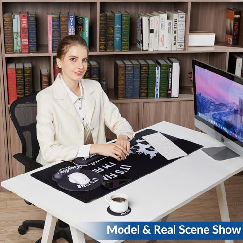 Desk Mat Set + Keyboard and Mouse Pad with Wrist Rest Support,4-in-1 Large Mousepad Computer Mats for Desktop Home & Office-It's fine I'm fine Everything is fine - color: E3-Funny Cute Cat