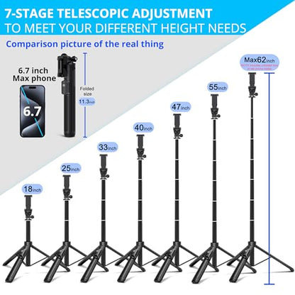 BZE 62 inches Extendable Selfie Stick Tripod with Wireless Remote & Phone Holder, Portable Aluminum Alloy 3 in 1 Stand for Group Photos, Vlogging & Travel Compatible with All Smartphones