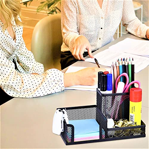 2 Pack 3 in 1 Mesh Pen Holder for Desk, 3 Compartments Pencil Holder Desk Organizer Caddy with Sticky Notes Holder Easy Storage Suitable for Home, Office and School