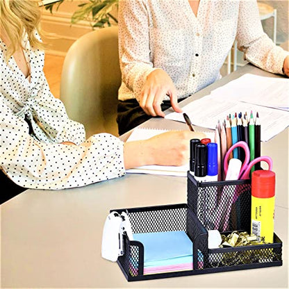 2 Pack 3 in 1 Mesh Pen Holder for Desk, 3 Compartments Pencil Holder Desk Organizer Caddy with Sticky Notes Holder Easy Storage Suitable for Home, Office and School
