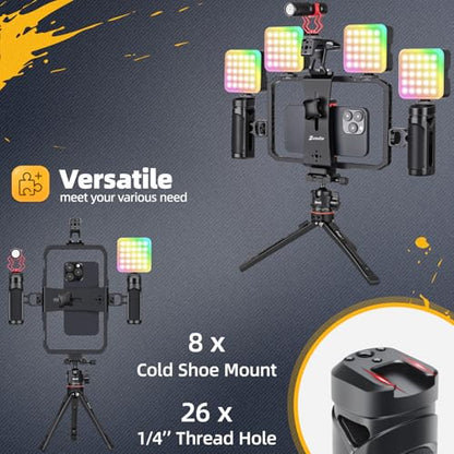 Zeadio Smartphone Video Rig, Phone Cage with Adjustable Dual Handles & Movable Mount, 8 Cold Shoes & 26 1/4" Thread Holes, Filmmaking Stabilizer for All Smartphones, Vlogging YouTube Tiktok Recording - style: Metal Version