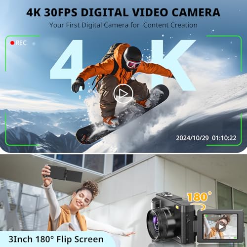 Duluvulu 4K Digital Camera for Photography Autofocus, 2026 Latest 48MP Vlogging Camera for YouTube with SD Card, 2 Batteries, 3" 180°Flip Screen Compact Travel Camera for Teens with 16X Zoom,Black - color: Black