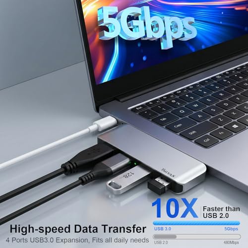 Left Side USB 3.0 Hub, 4-Port Cable-Free USB Splitter for Laptop, Direct-Plug Design, Compatible with MacBook, Laptops, Desktop, Surface, Flash Drive, HDD and USB More - color: Silvery(Left)